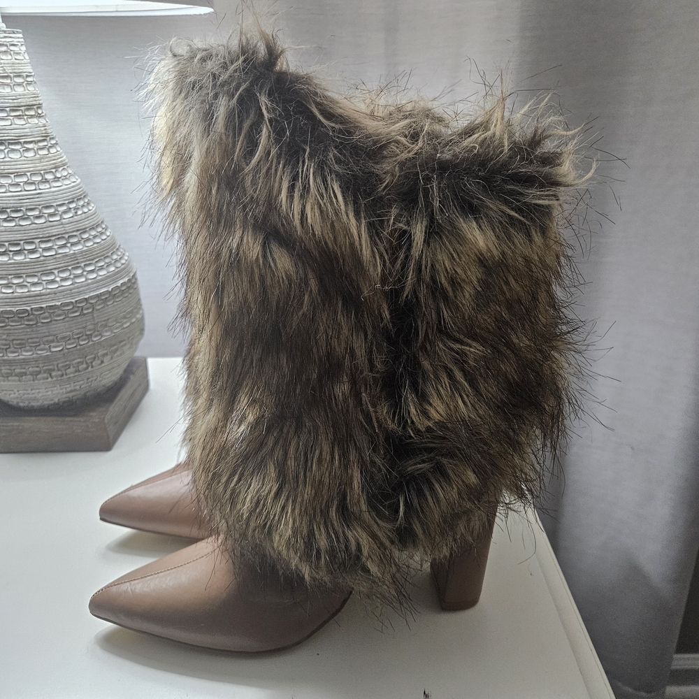 Luxe Faux Fur Pointed-Toe Ankle Boots in Taupe